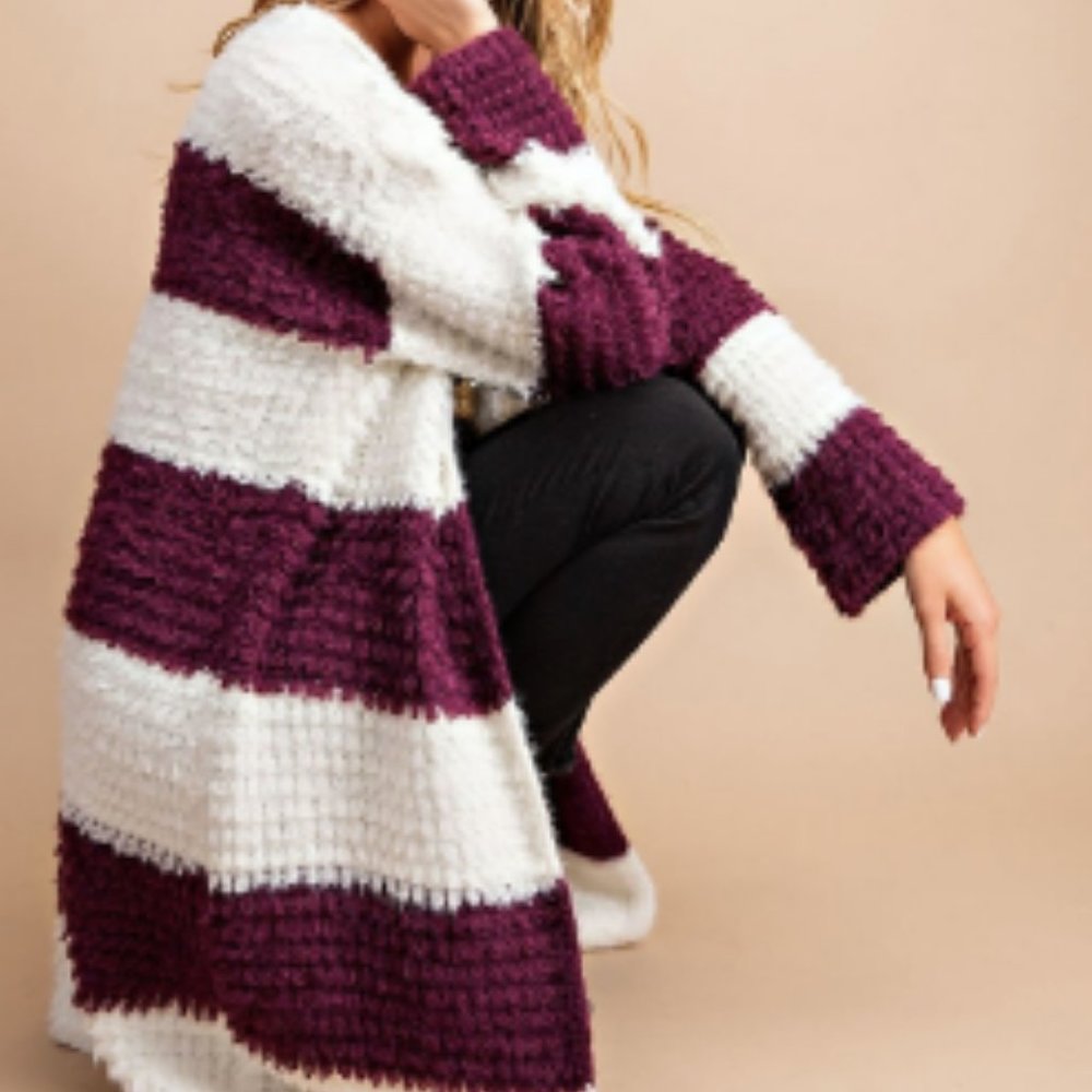 Wine Wide Striped Fuzzy Cardigan
